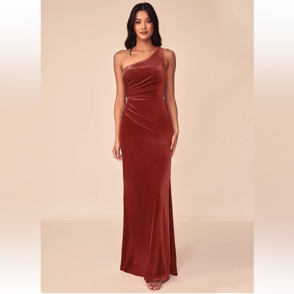 AZAZIE ARGAN A-Line One Shoulder Velvet Floor-Length Dress Terracotta size 18